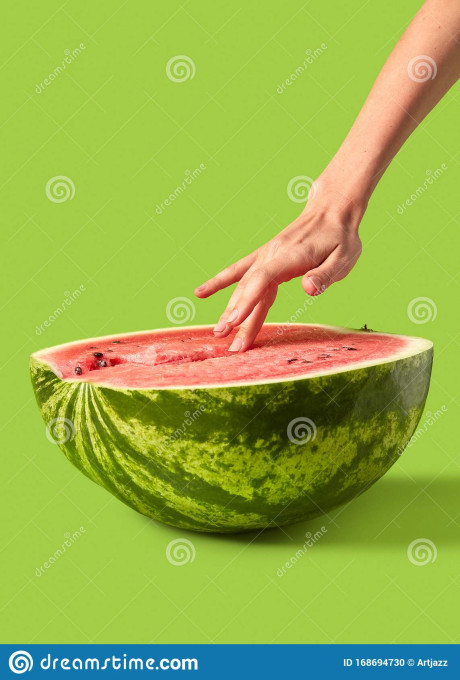 Woman S Hand Touches Ripe Fresh Organic Watermelon Puree Stock Photo Image Of Erotic